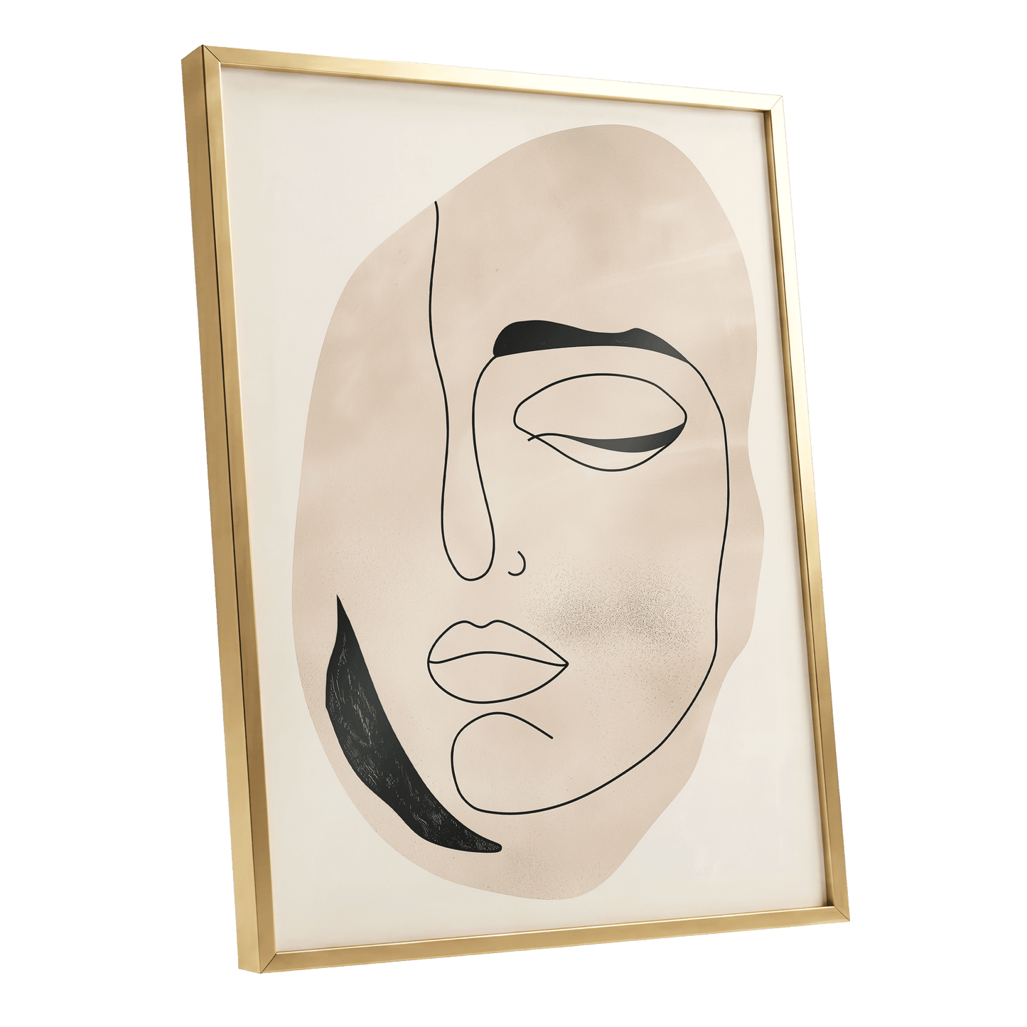 Asymmetric Gaze, black, beige, white minimalist wall art shown as a gold framed poster wall art print