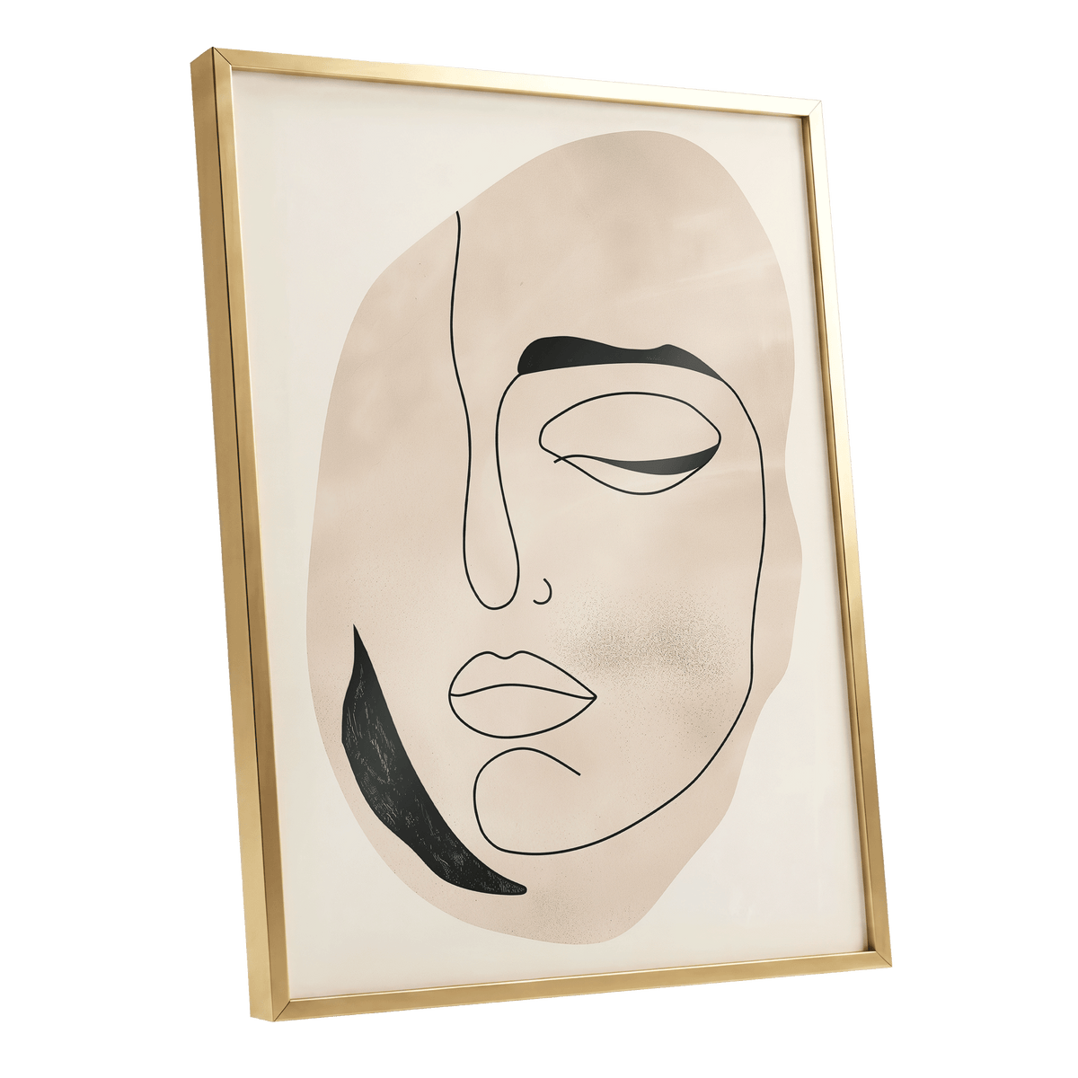 Asymmetric Gaze, black, beige, white minimalist wall art shown as a gold framed poster wall art print
