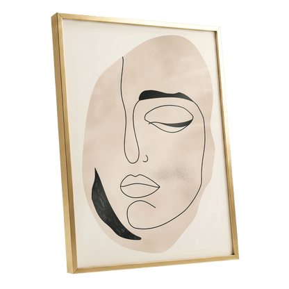 Asymmetric Gaze, black, beige, white minimalist wall art shown as a gold framed poster wall art print