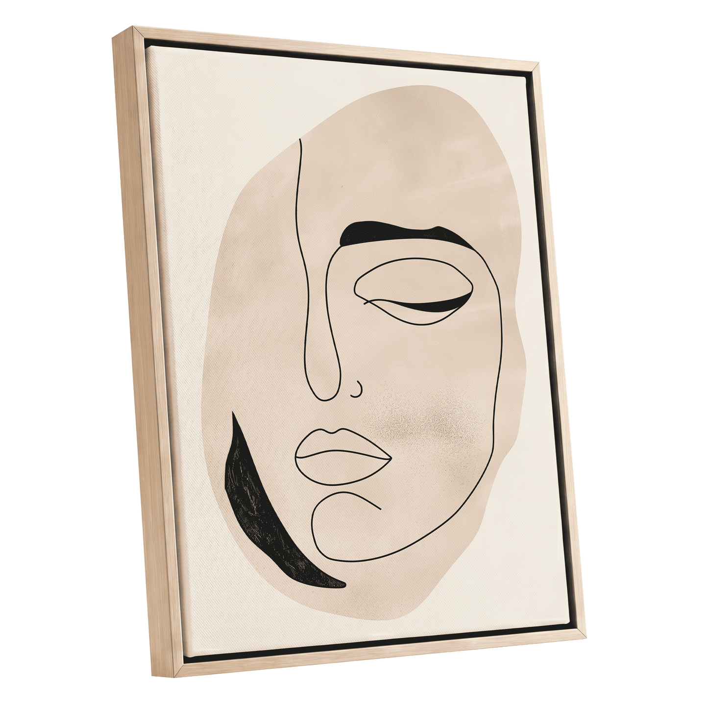 Asymmetric Gaze, black, beige, white minimalist wall art shown as a oak framed canvas wall art