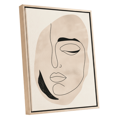 Asymmetric Gaze, black, beige, white minimalist wall art shown as a oak framed canvas wall art
