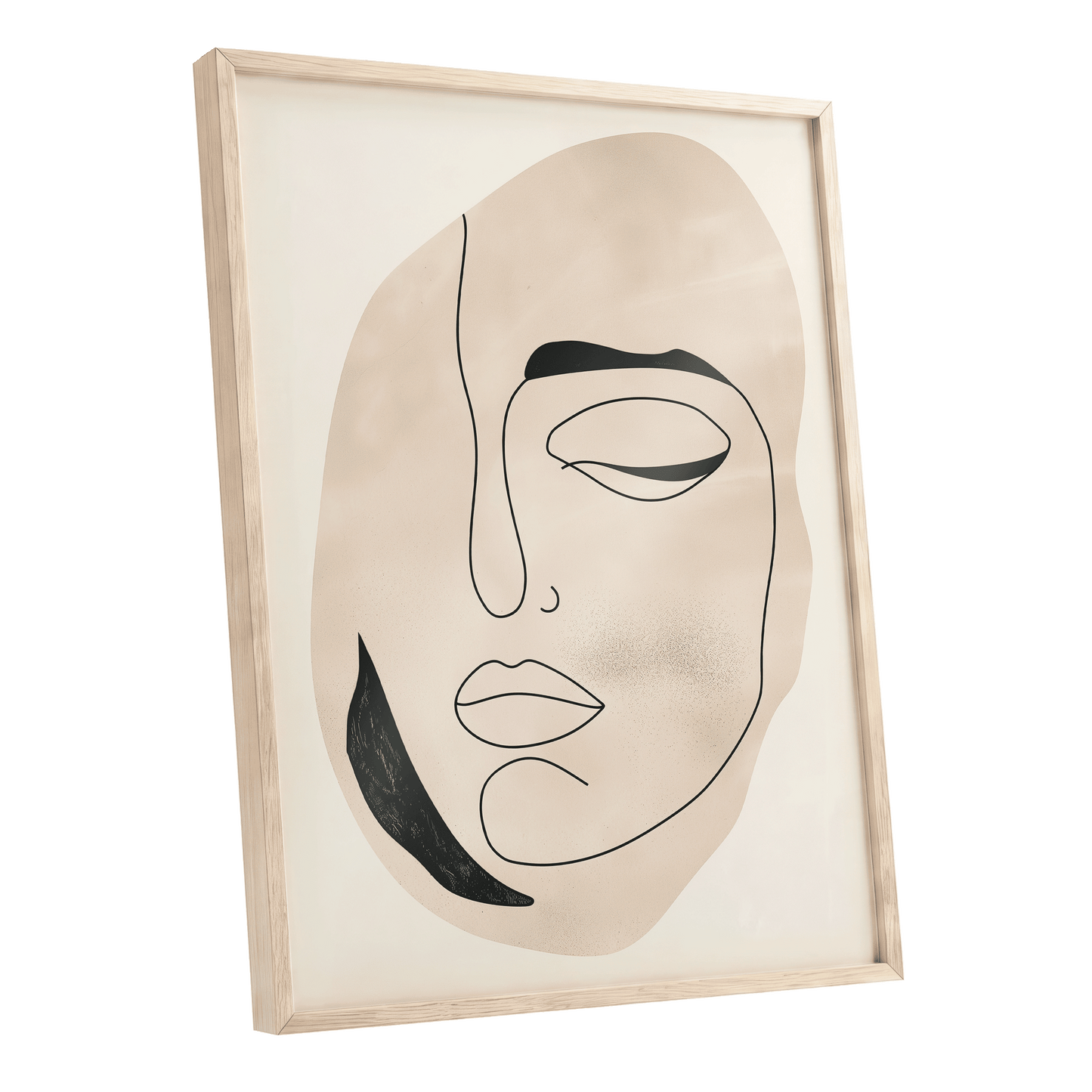 Asymmetric Gaze, black, beige, white minimalist wall art shown as a oak framed poster wall art print