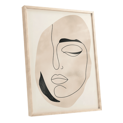 Asymmetric Gaze, black, beige, white minimalist wall art shown as a oak framed poster wall art print