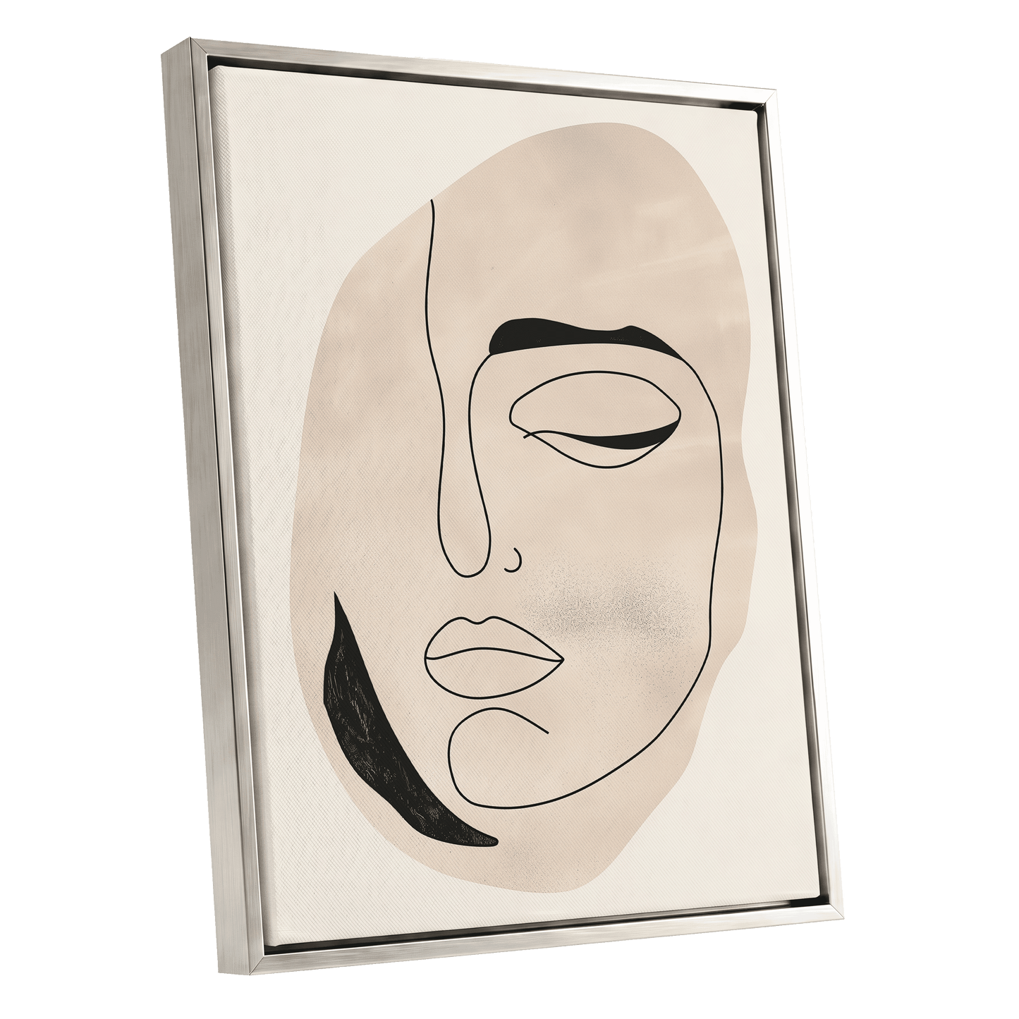 Asymmetric Gaze, black, beige, white minimalist wall art shown as a silver framed canvas wall art