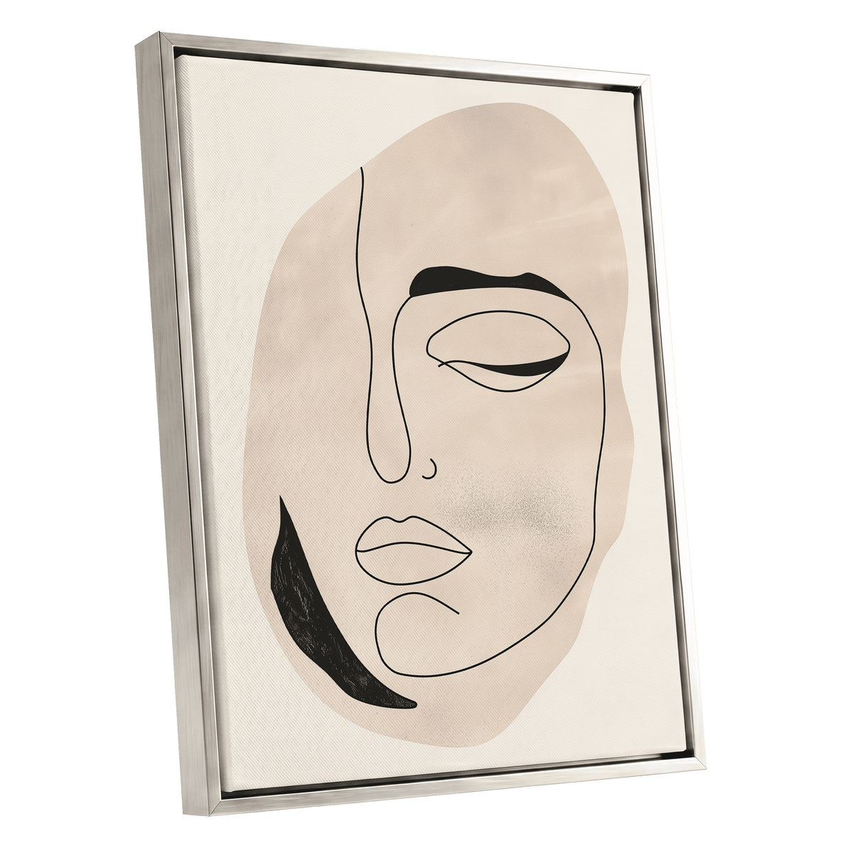 Asymmetric Gaze, black, beige, white minimalist wall art shown as a silver framed canvas wall art