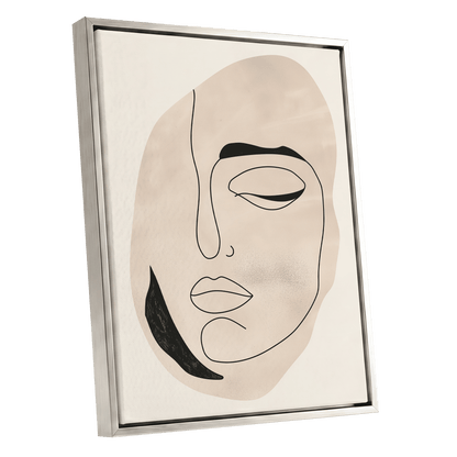 Asymmetric Gaze, black, beige, white minimalist wall art shown as a silver framed canvas wall art