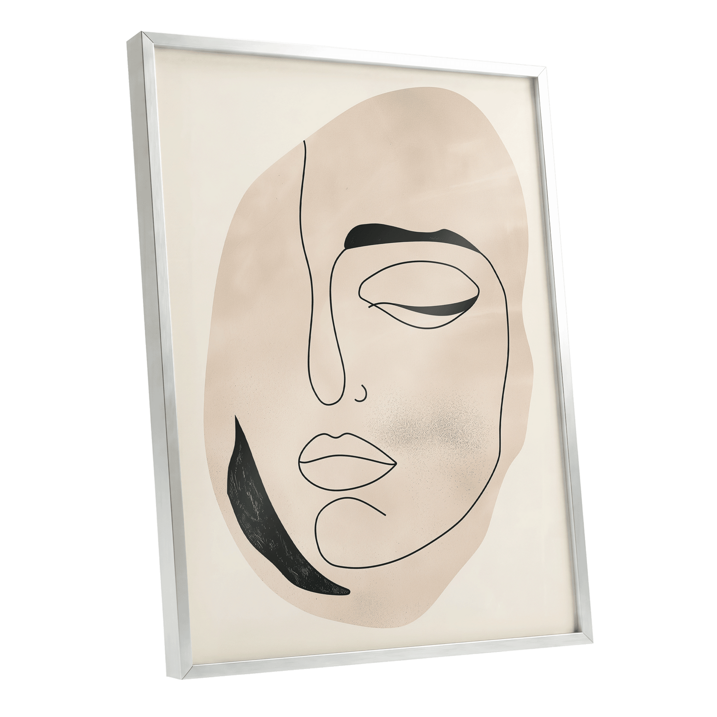 Asymmetric Gaze, black, beige, white minimalist wall art shown as a silver framed poster wall art print