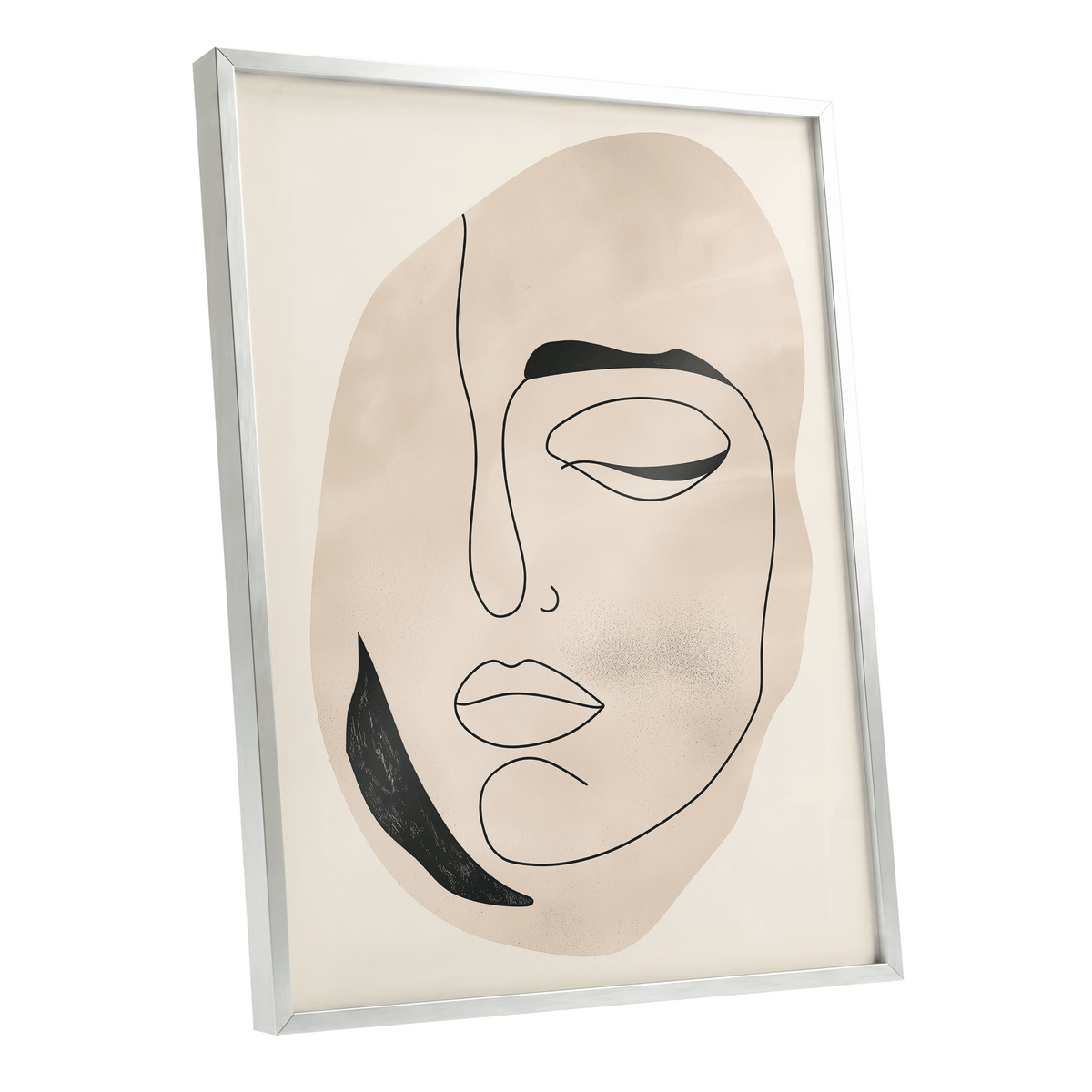 Asymmetric Gaze, black, beige, white minimalist wall art shown as a silver framed poster wall art print