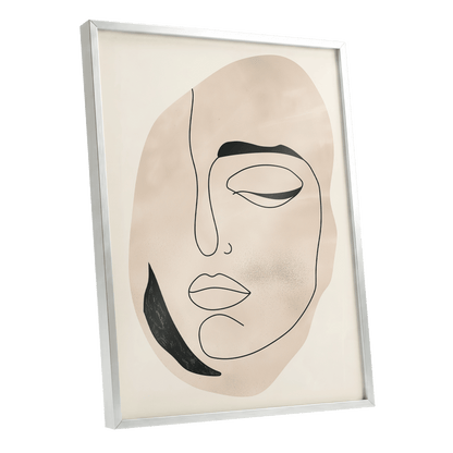 Asymmetric Gaze, black, beige, white minimalist wall art shown as a silver framed poster wall art print