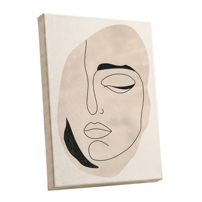 Asymmetric Gaze, black, beige, white minimalist wall art shown as a stretched canvas wall art
