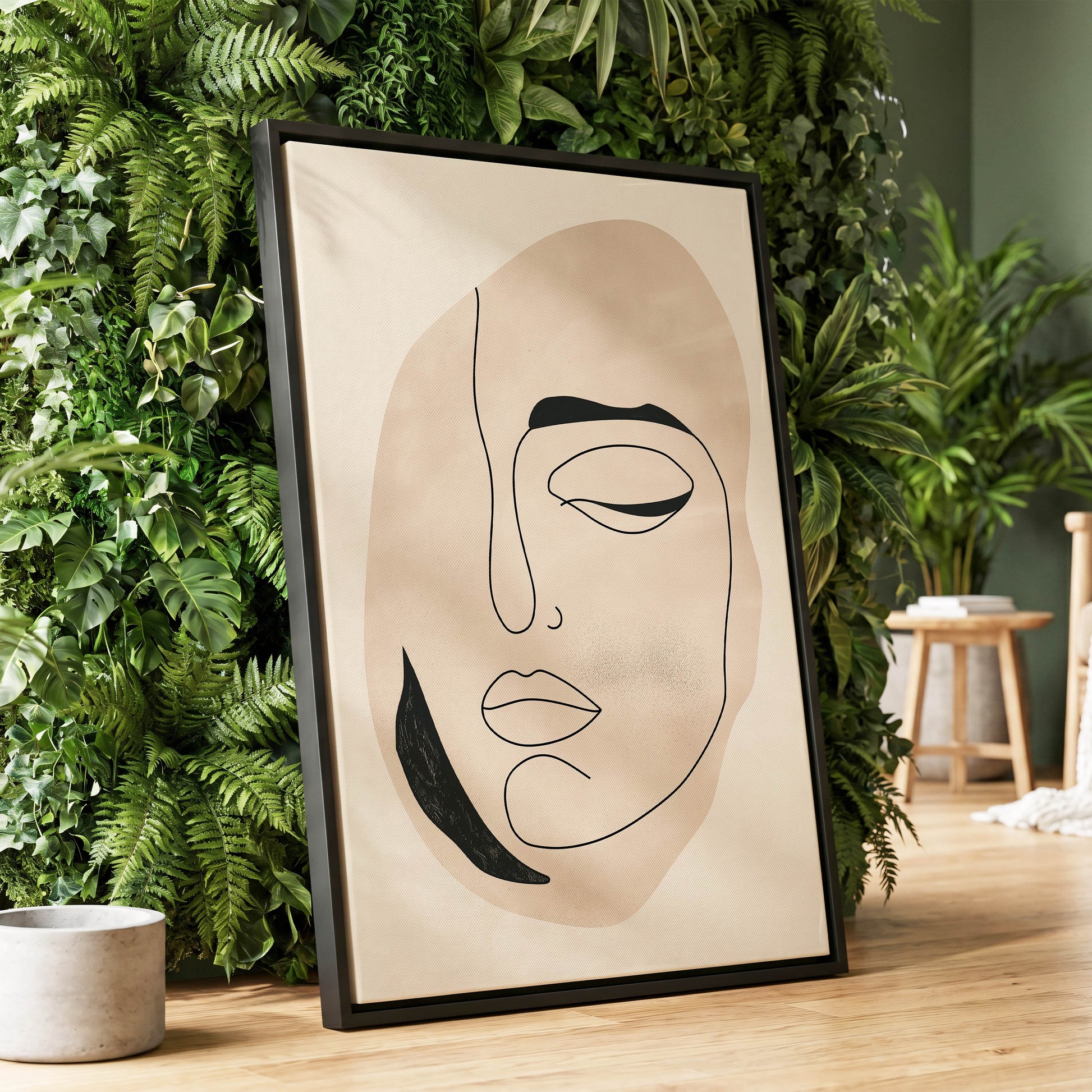 Asymmetric Gaze, black, beige, white minimalist wall art displayed in a styled interior, gallery view 1