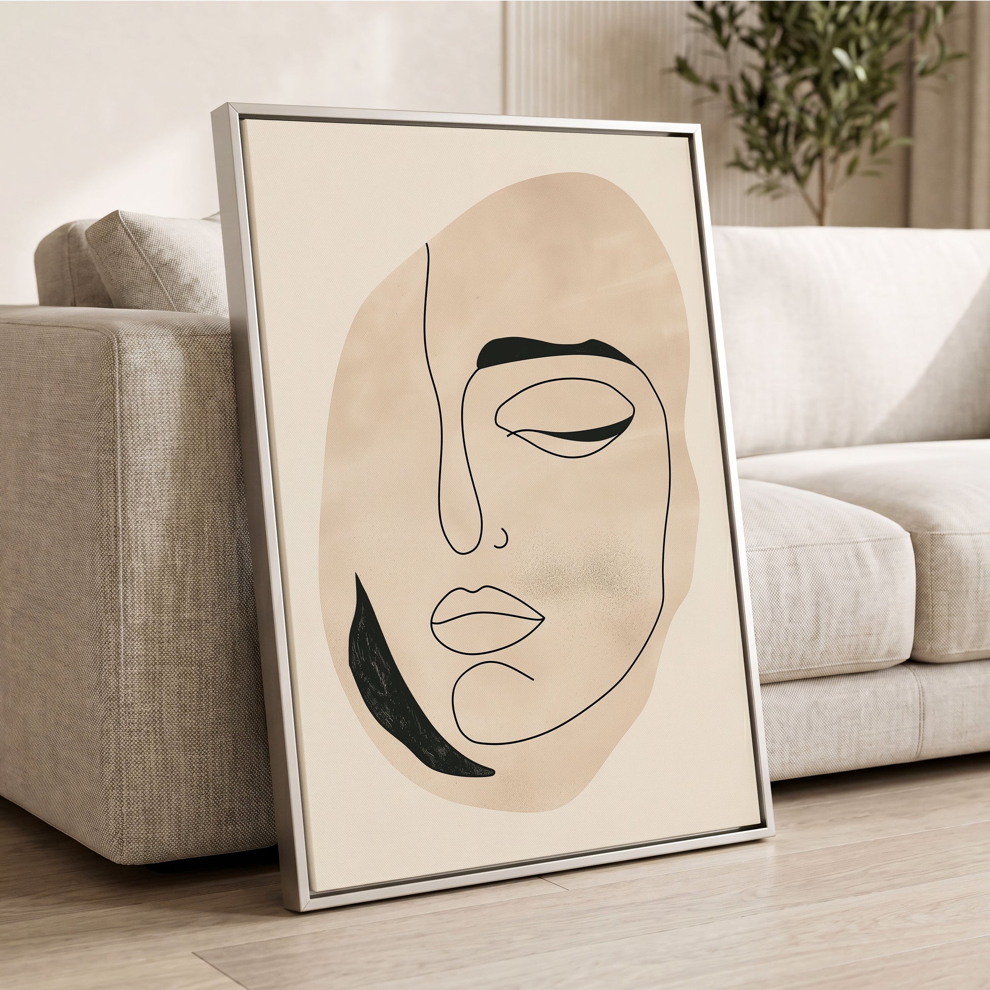 Asymmetric Gaze, black, beige, white minimalist wall art displayed in a styled interior, gallery view 2