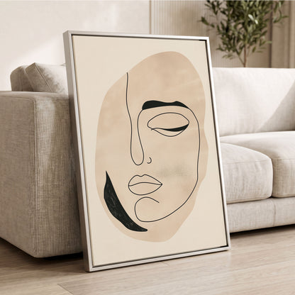 Asymmetric Gaze, black, beige, white minimalist wall art displayed in a styled interior, gallery view 2