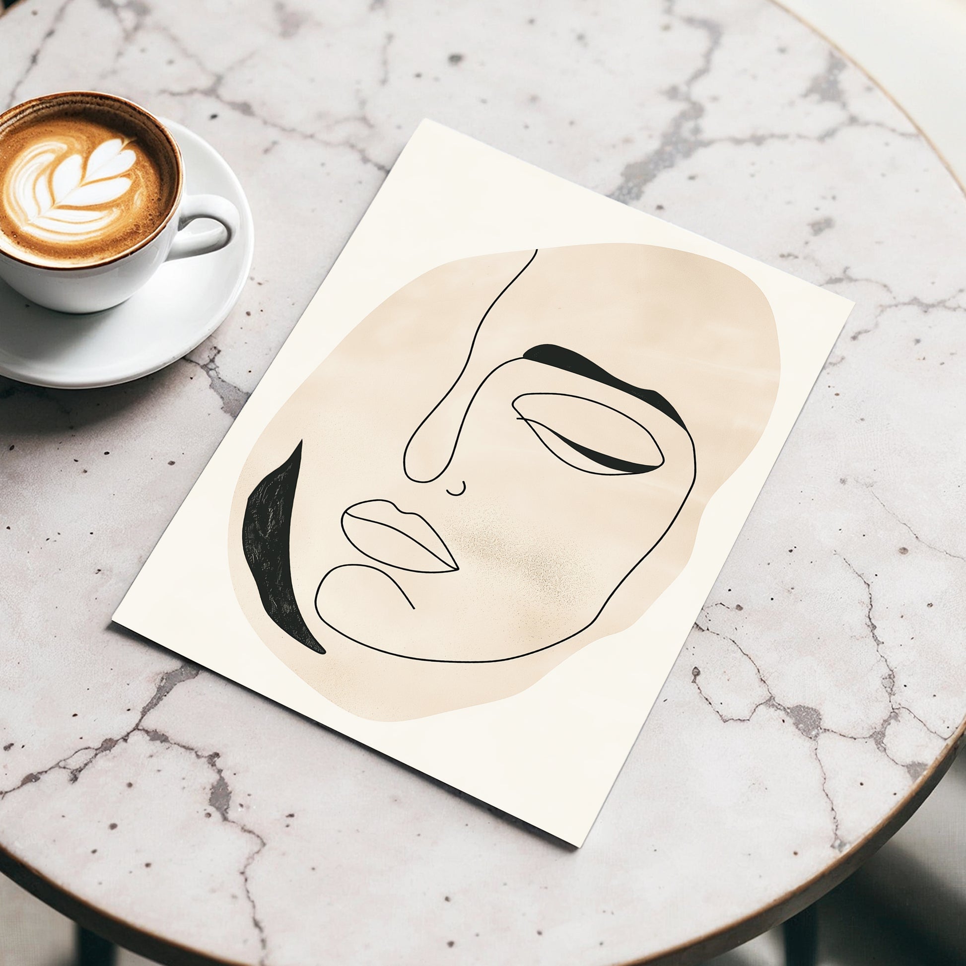 Asymmetric Gaze, black, beige, white minimalist wall art displayed in a styled interior, gallery view 3