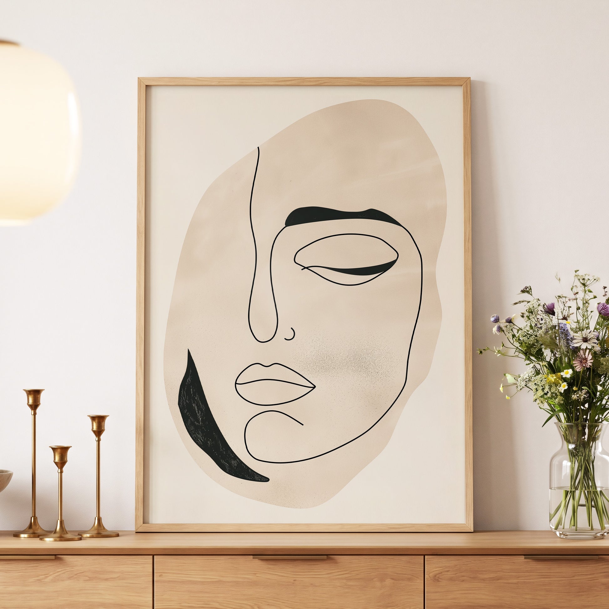 Asymmetric Gaze, black, beige, white minimalist wall art displayed in a styled interior, gallery view 5