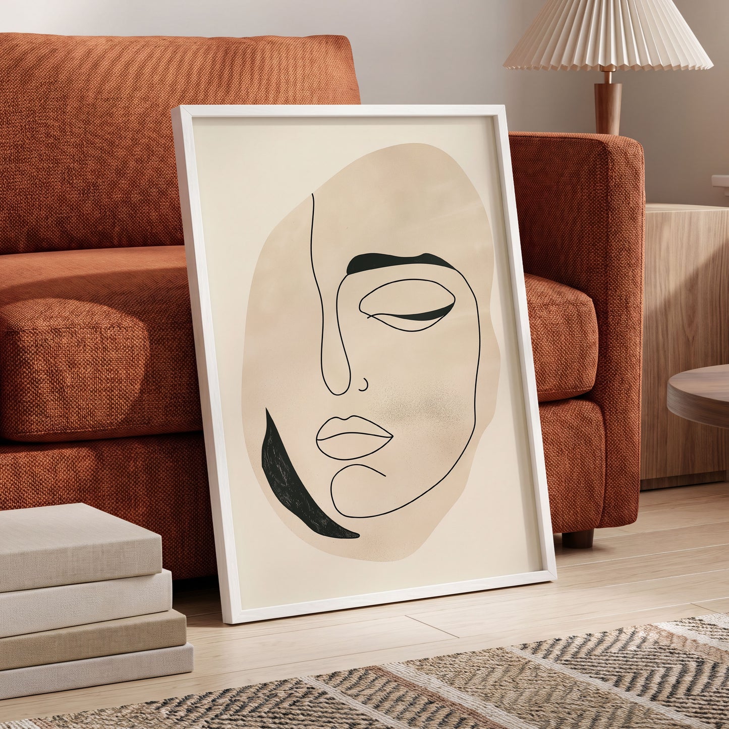 Asymmetric Gaze, black, beige, white minimalist wall art displayed in a styled interior, gallery view 6