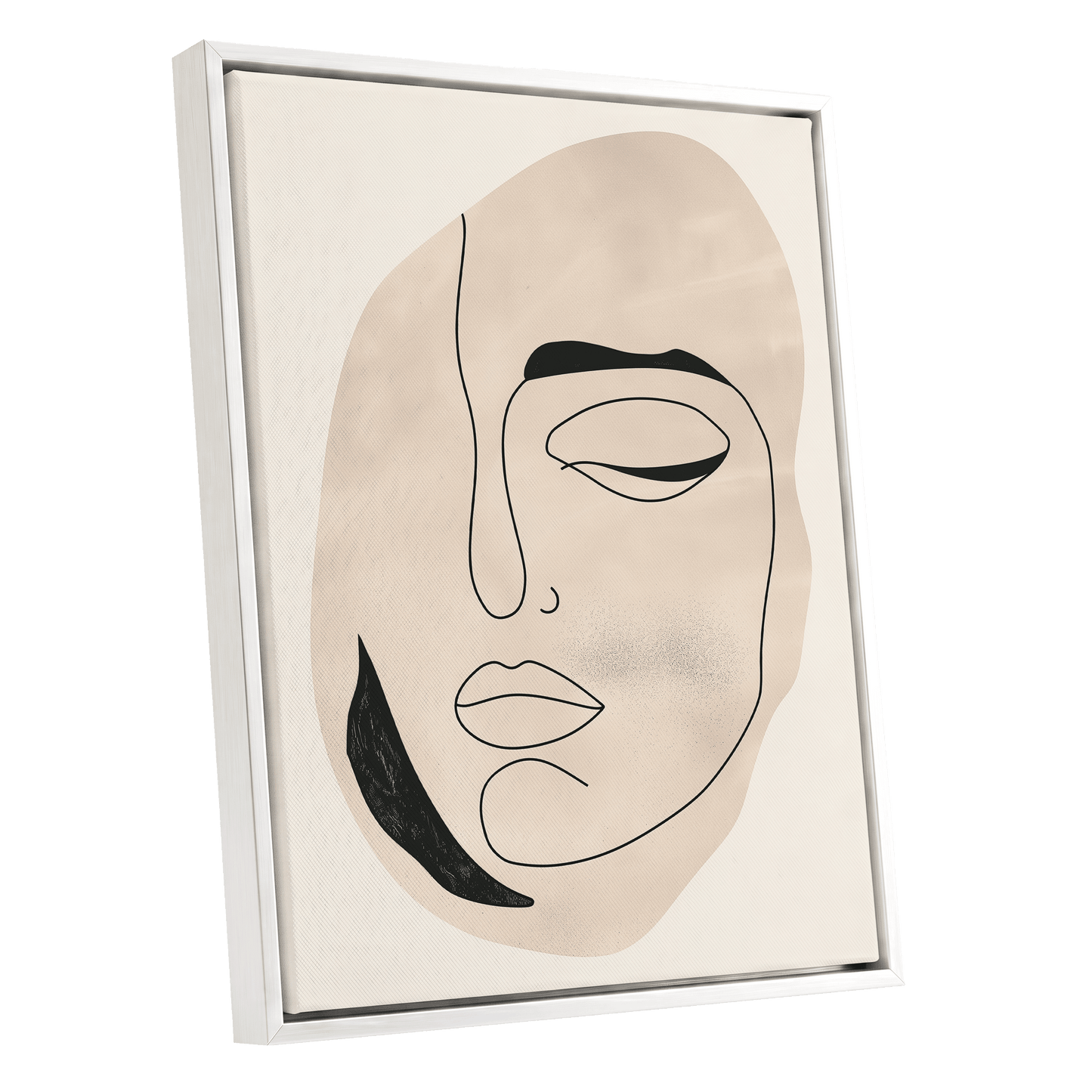 Asymmetric Gaze, black, beige, white minimalist wall art shown as a white framed canvas wall art