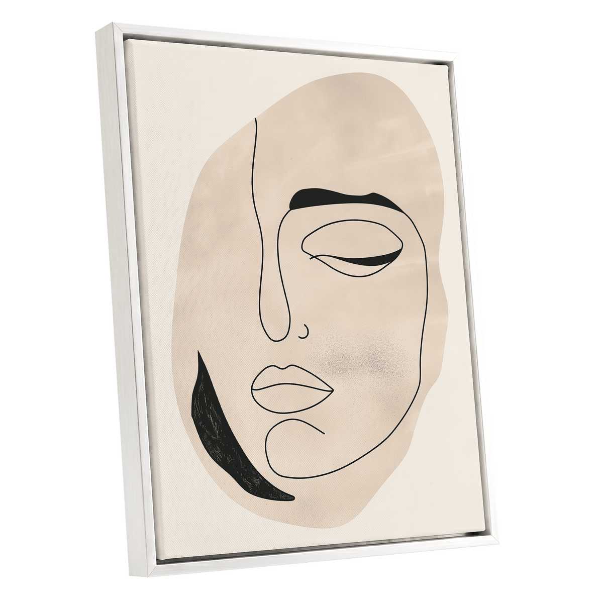 Asymmetric Gaze, black, beige, white minimalist wall art shown as a white framed canvas wall art