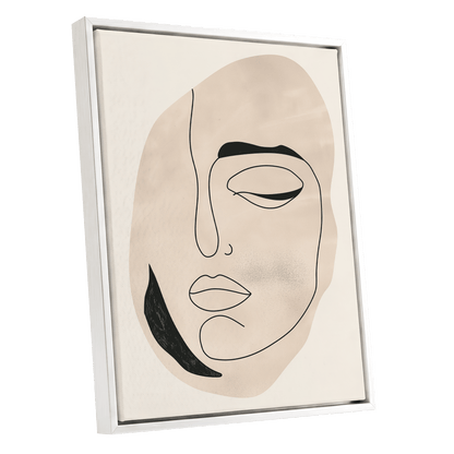 Asymmetric Gaze, black, beige, white minimalist wall art shown as a white framed canvas wall art