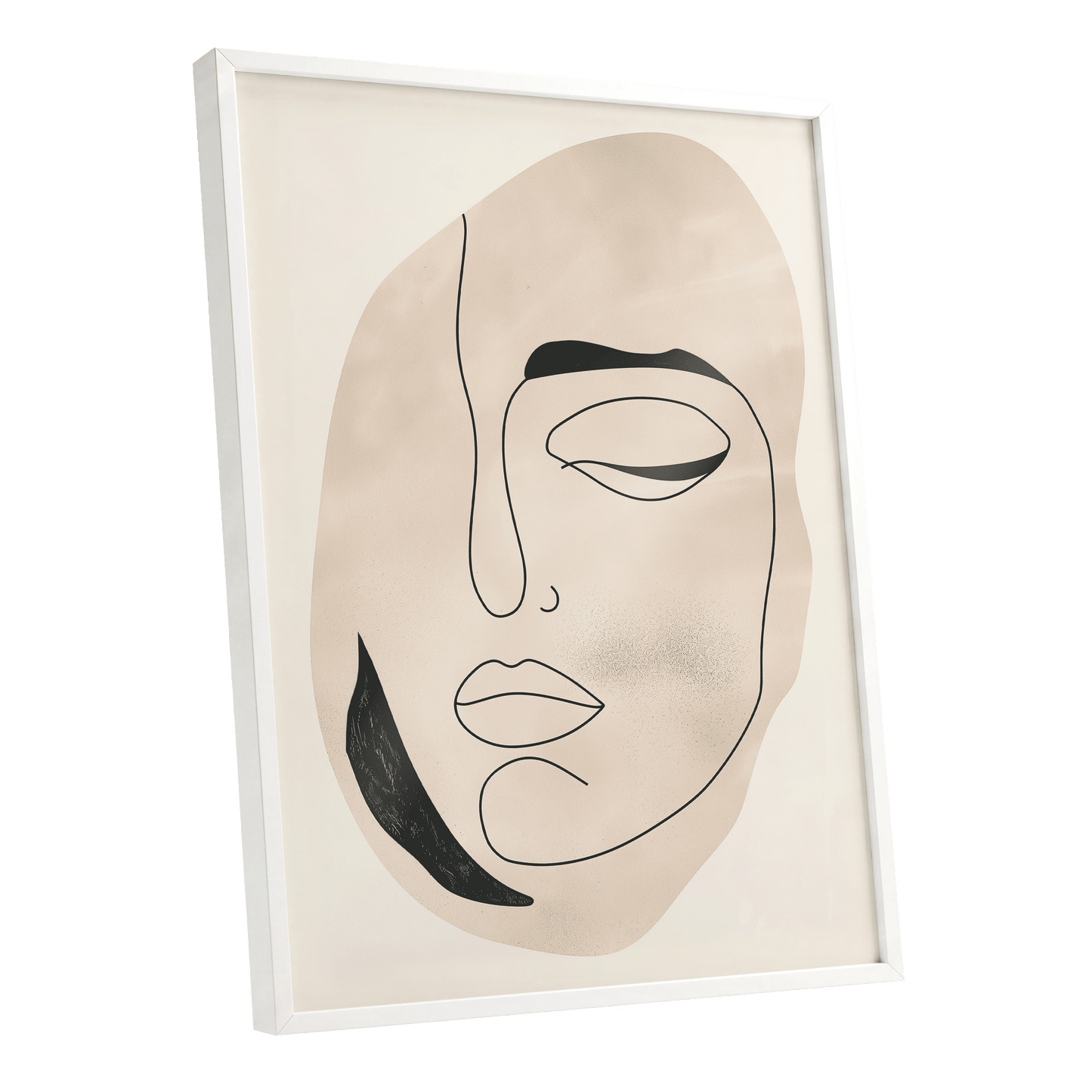 Asymmetric Gaze, black, beige, white minimalist wall art shown as a white framed poster wall art print