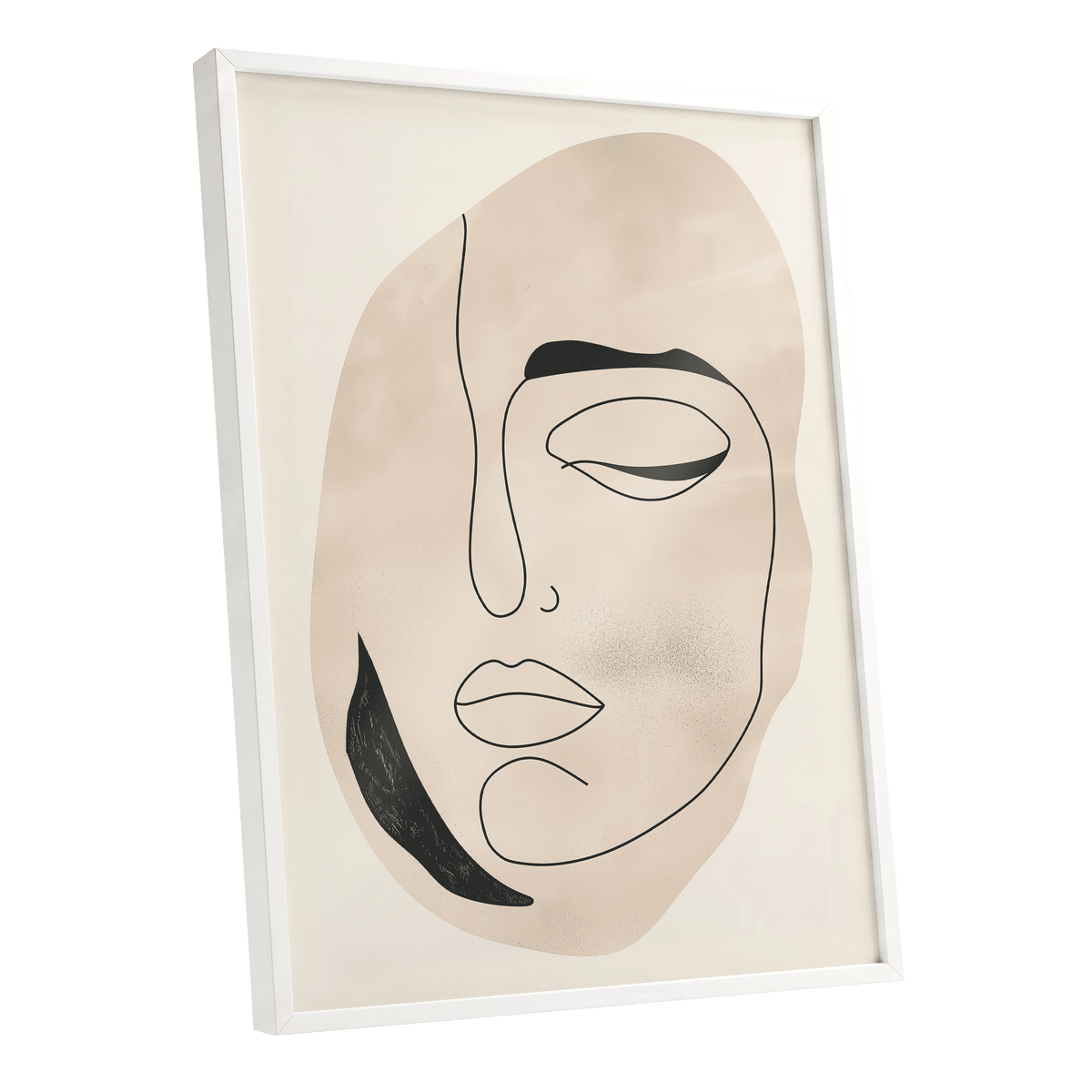 Asymmetric Gaze, black, beige, white minimalist wall art shown as a white framed poster wall art print