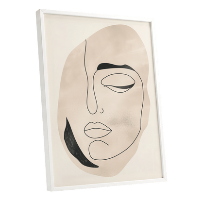 Asymmetric Gaze, black, beige, white minimalist wall art shown as a white framed poster wall art print