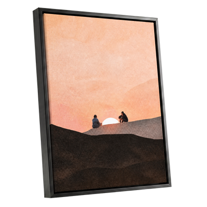 At the Edge of Sunset, orange, pink, black nature wall art shown as a black framed canvas wall art