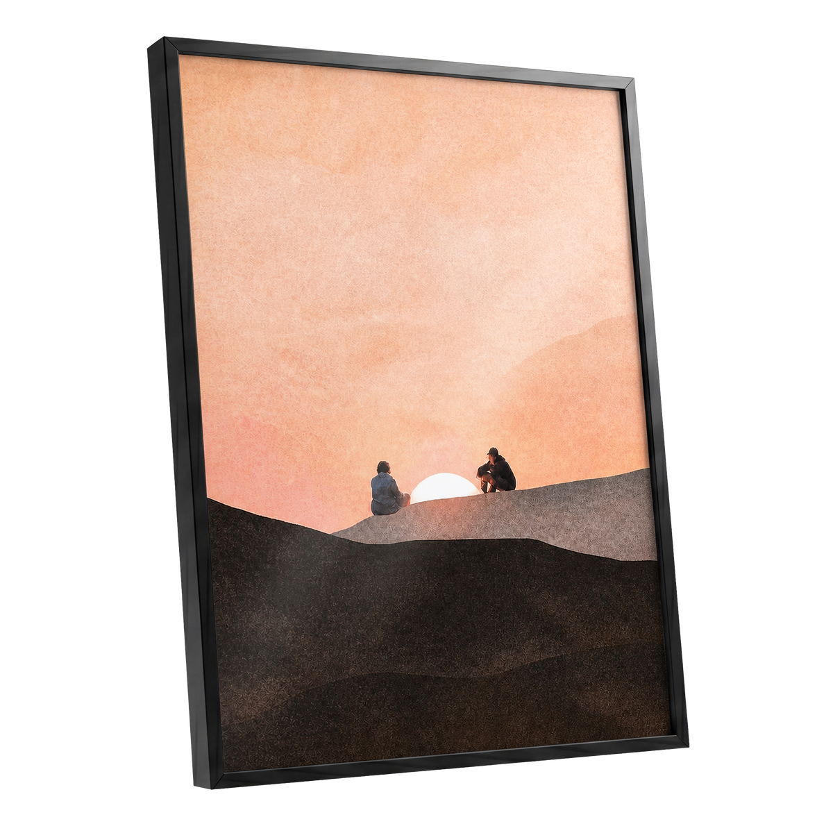 At the Edge of Sunset, orange, pink, black nature wall art shown as a black framed poster wall art print