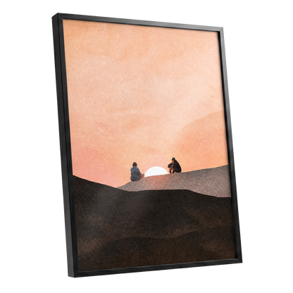 At the Edge of Sunset, orange, pink, black nature wall art shown as a black framed poster wall art print