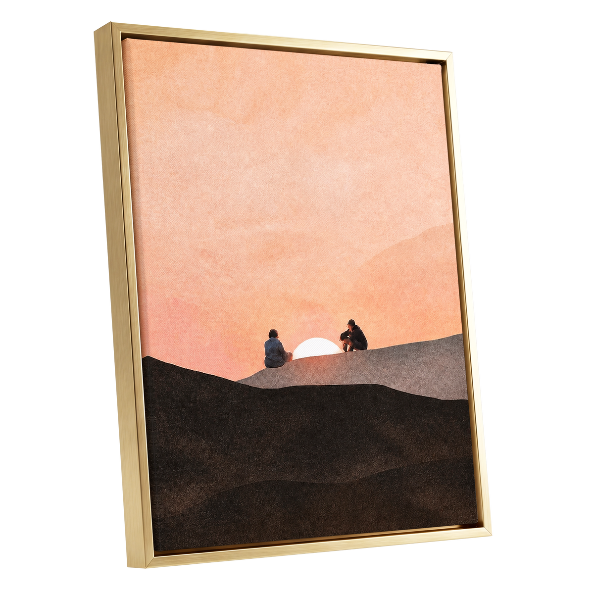 At the Edge of Sunset, orange, pink, black nature wall art shown as a gold framed canvas wall art
