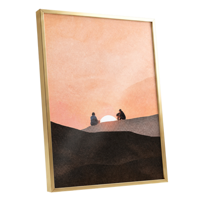 At the Edge of Sunset, orange, pink, black nature wall art shown as a gold framed poster wall art print