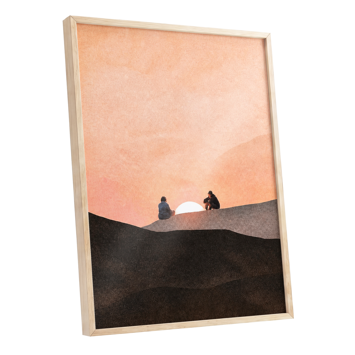 At the Edge of Sunset, orange, pink, black nature wall art shown as a oak framed poster wall art print