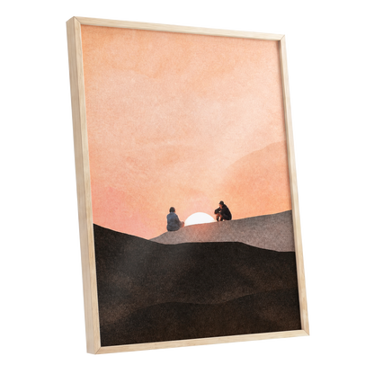 At the Edge of Sunset, orange, pink, black nature wall art shown as a oak framed poster wall art print