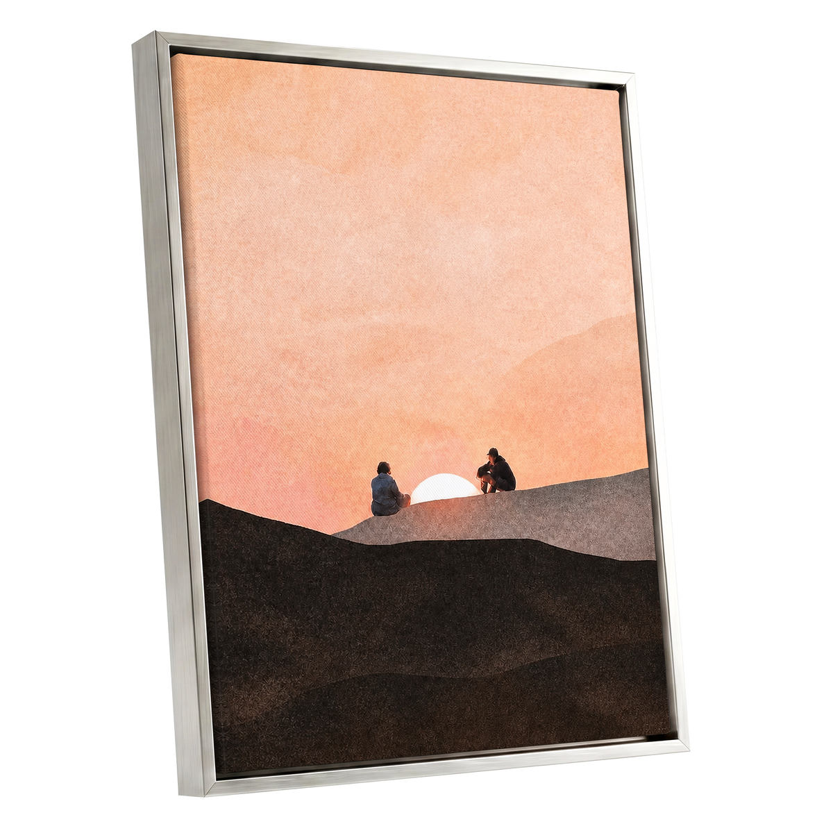 At the Edge of Sunset, orange, pink, black nature wall art shown as a silver framed canvas wall art