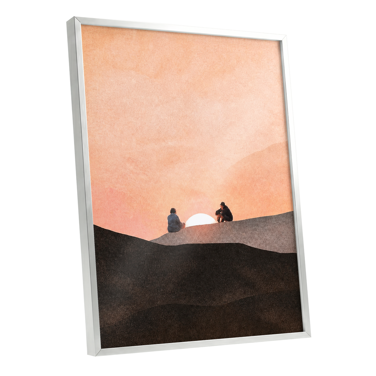 At the Edge of Sunset, orange, pink, black nature wall art shown as a silver framed poster wall art print