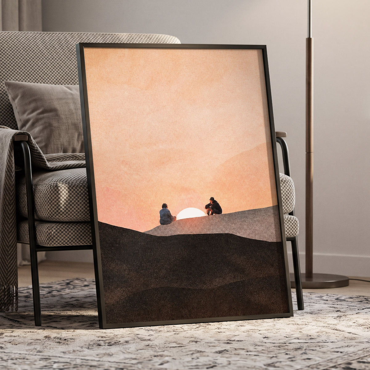 At the Edge of Sunset, orange, pink, black nature wall art displayed in a styled interior, gallery view 2
