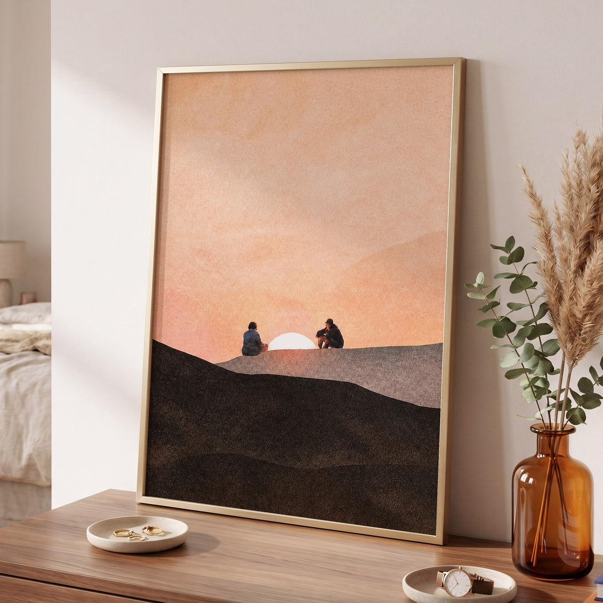 At the Edge of Sunset, orange, pink, black nature wall art displayed in a styled interior, gallery view 6