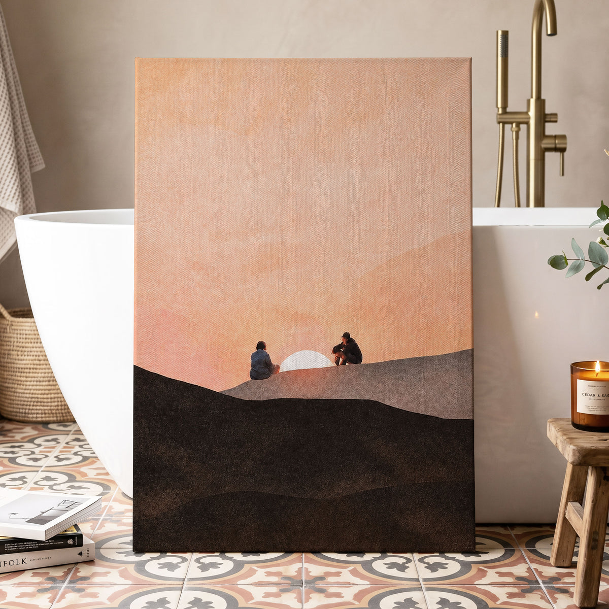 At the Edge of Sunset, orange, pink, black nature wall art displayed in a styled interior, gallery view 7