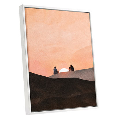 At the Edge of Sunset, orange, pink, black nature wall art shown as a white framed canvas wall art