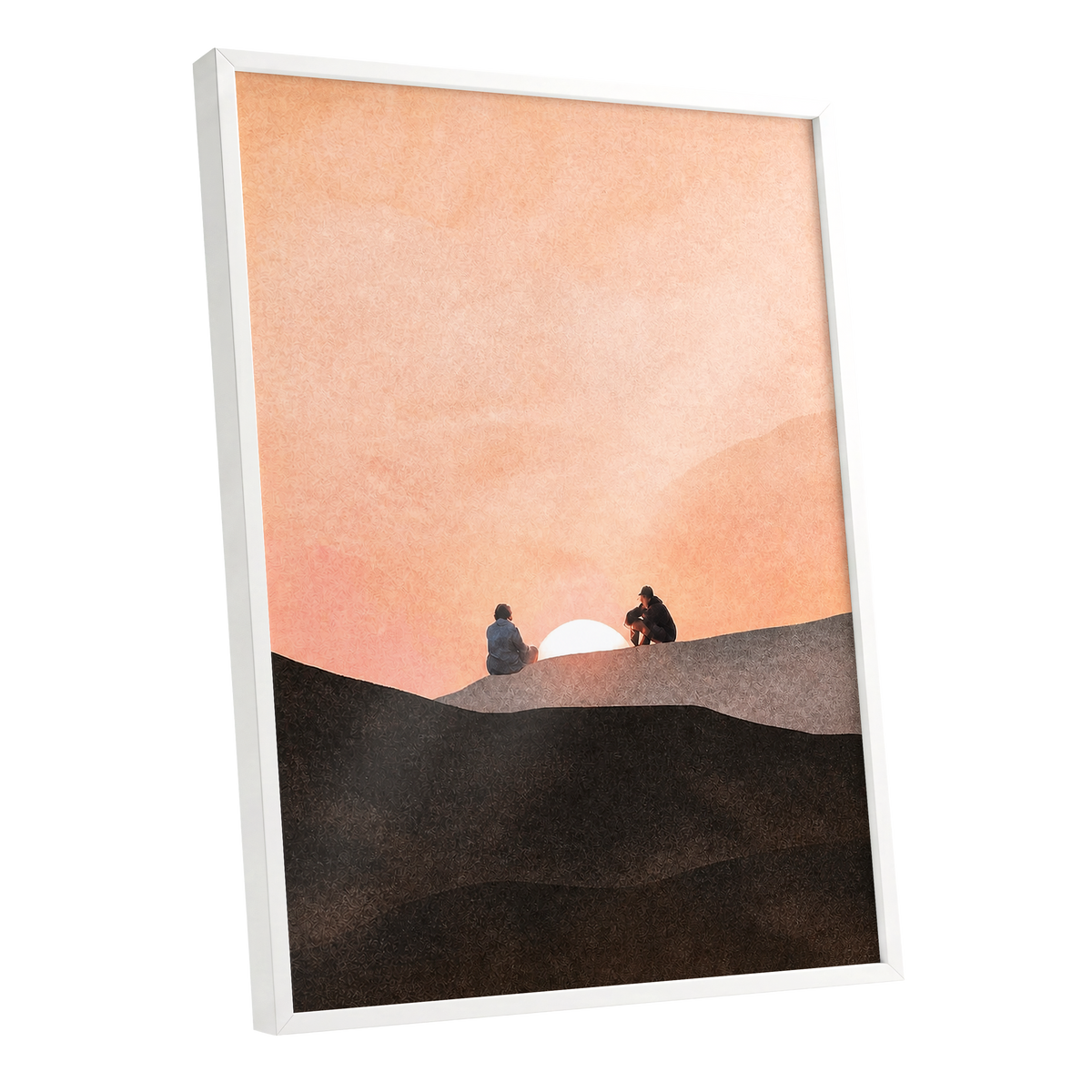 At the Edge of Sunset, orange, pink, black nature wall art shown as a white framed poster wall art print