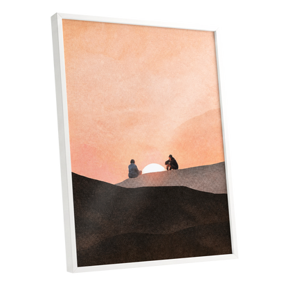 At the Edge of Sunset, orange, pink, black nature wall art shown as a white framed poster wall art print