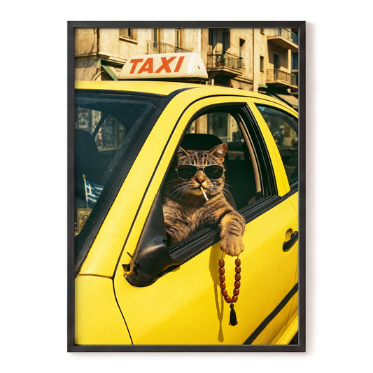 Athens Cat Cab, yellow, brown, black nature wall art, front artwork view