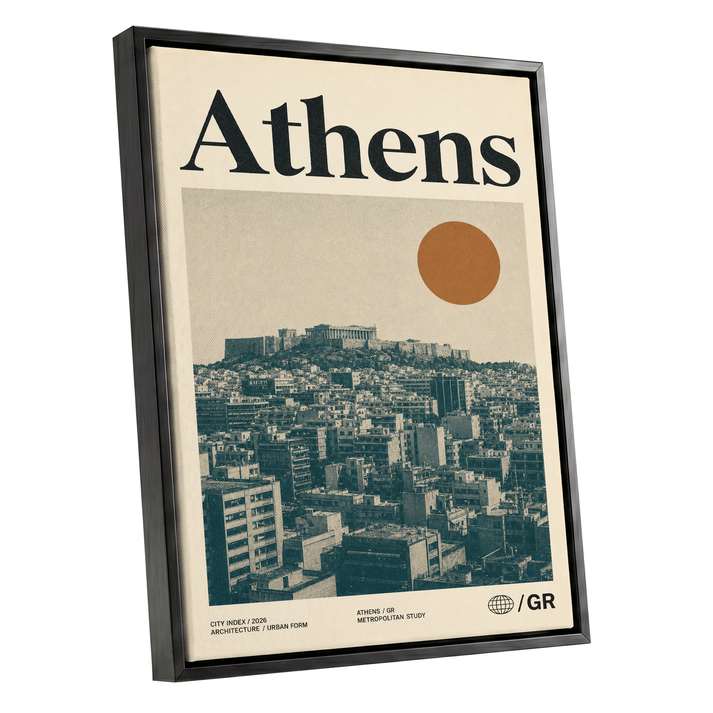 Athens Urban Study, beige, green, orange minimalist wall art shown as a black framed canvas wall art