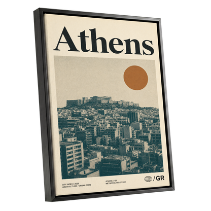 Athens Urban Study, beige, green, orange minimalist wall art shown as a black framed canvas wall art
