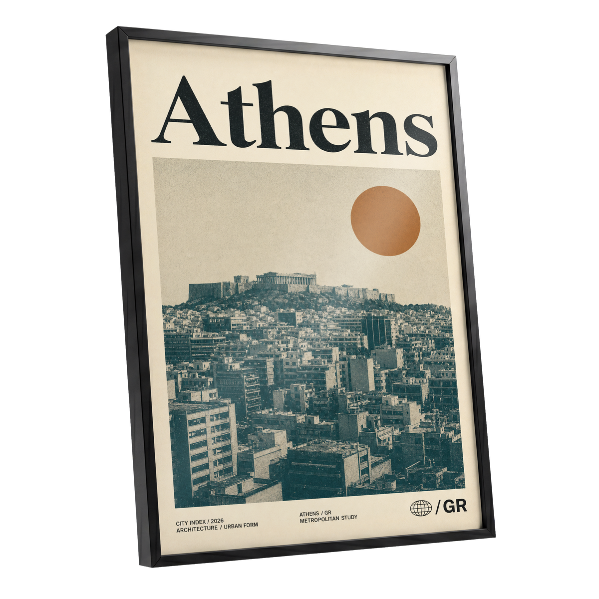 Athens Urban Study, beige, green, orange minimalist wall art shown as a black framed poster wall art print