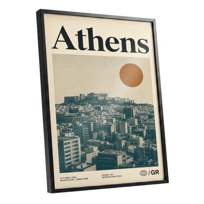 Athens Urban Study, beige, green, orange minimalist wall art shown as a black framed poster wall art print