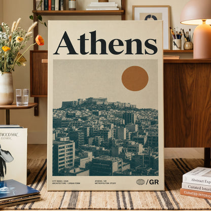 Athens Urban Study, beige, green, orange minimalist wall art on canvas displayed in a styled interior, gallery view 1