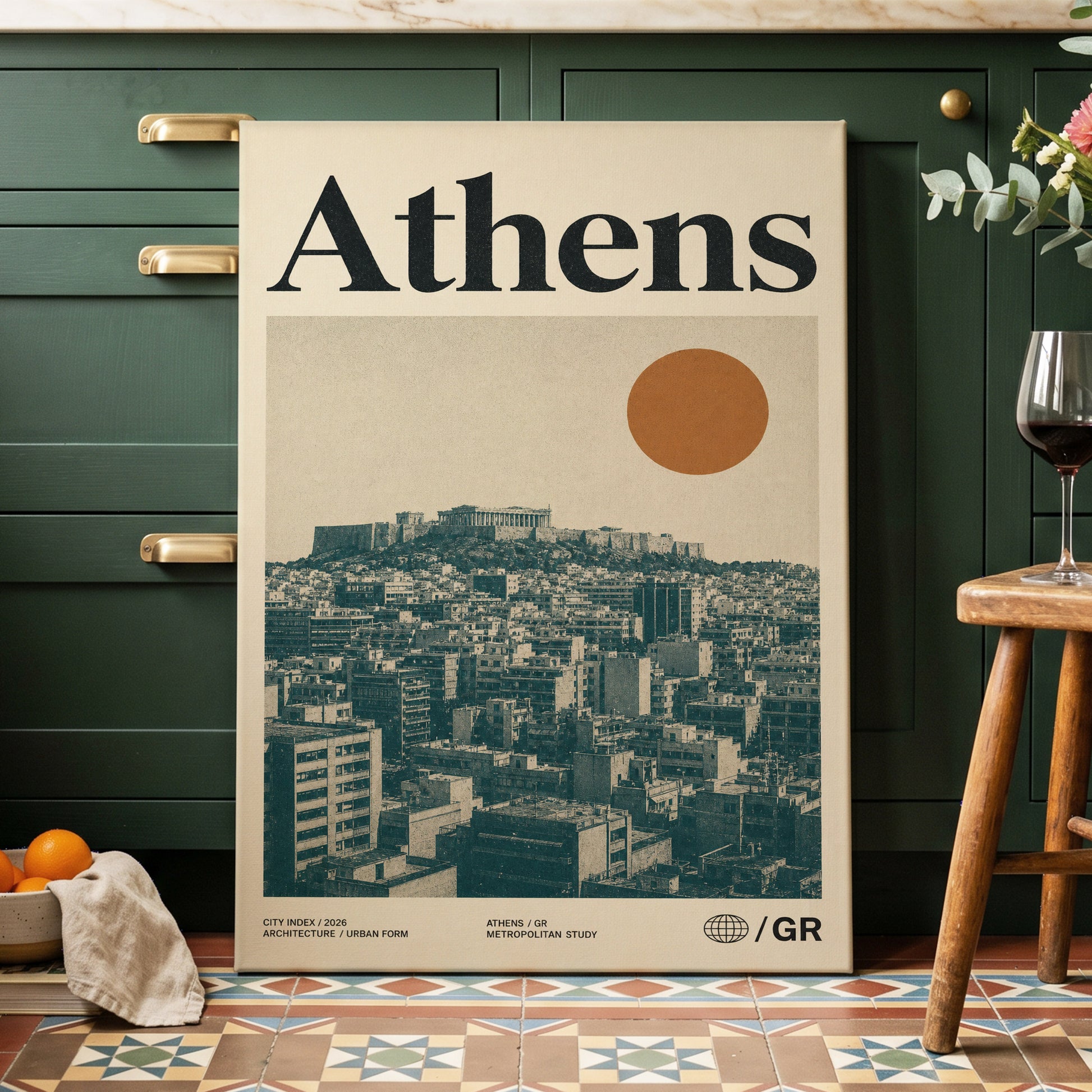 Athens Urban Study, beige, green, orange minimalist wall art on canvas displayed in a styled interior, gallery view 2