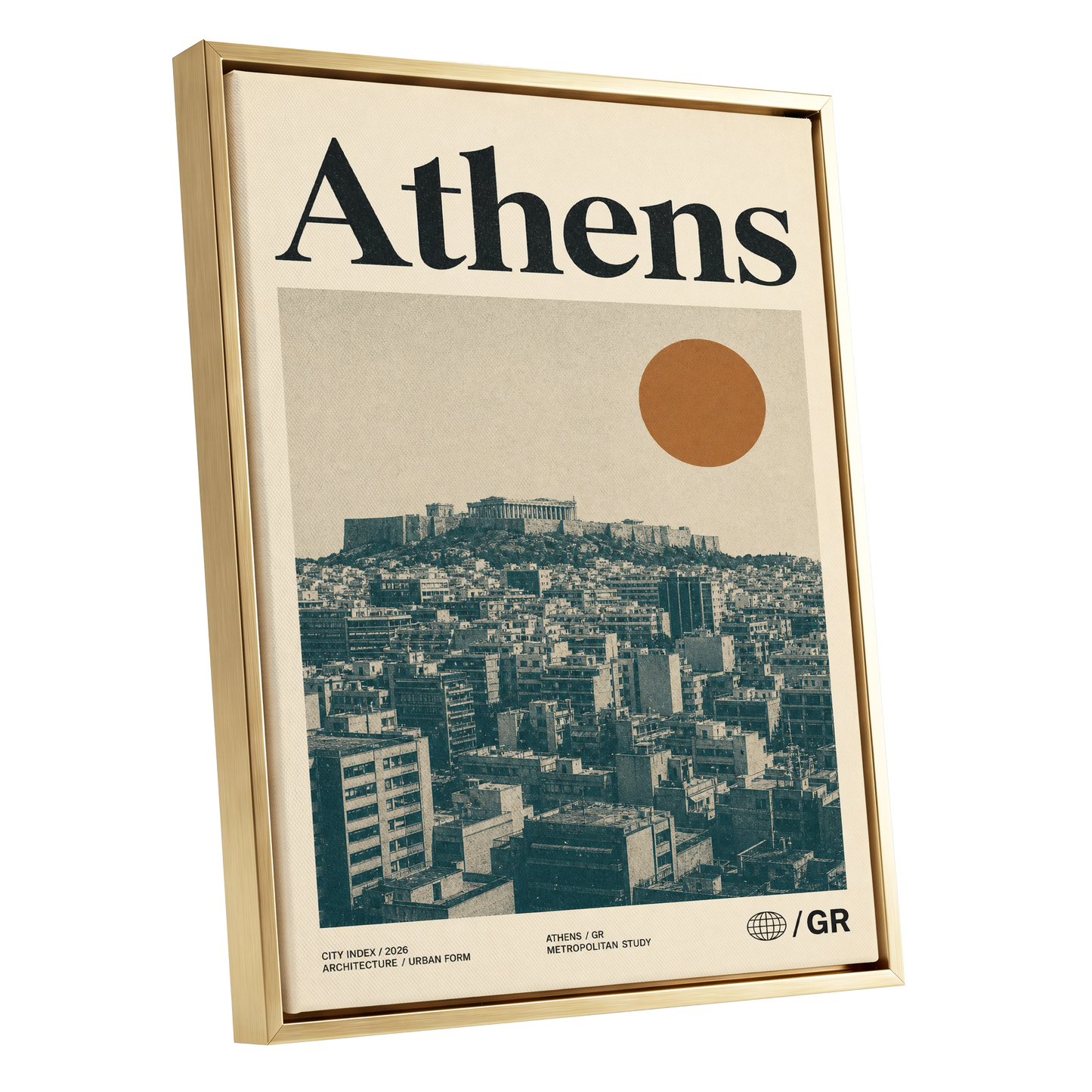 Athens Urban Study, beige, green, orange minimalist wall art shown as a gold framed canvas wall art
