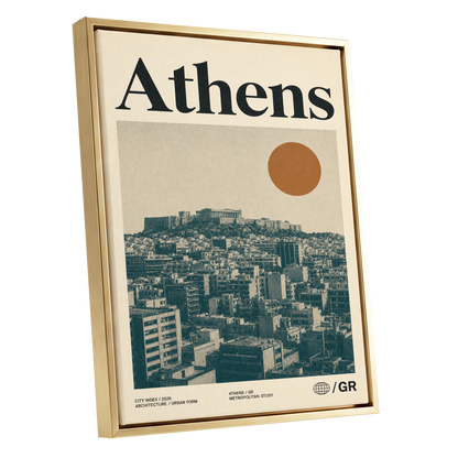 Athens Urban Study, beige, green, orange minimalist wall art shown as a gold framed canvas wall art